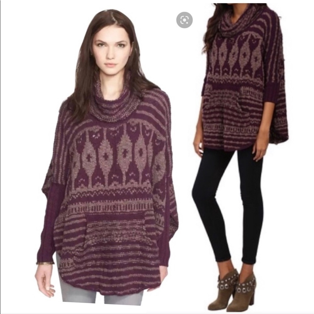Free People cow neck oversize sweater tribal design SP wine color